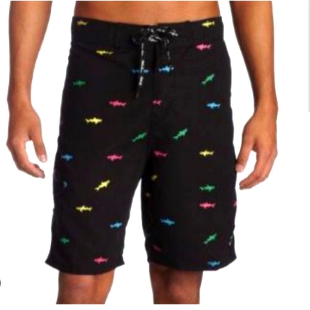 Maui & Sons Men's Board Shorts, Black with Allover Neon Sharks - 32